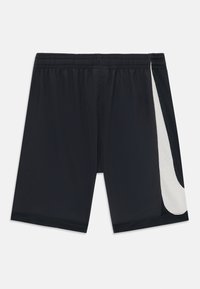 Nike mustad sportlikud lühikesed püksid elastse vöökohaga, millel on valge võrgust külgpaneel ja sile kangapind.