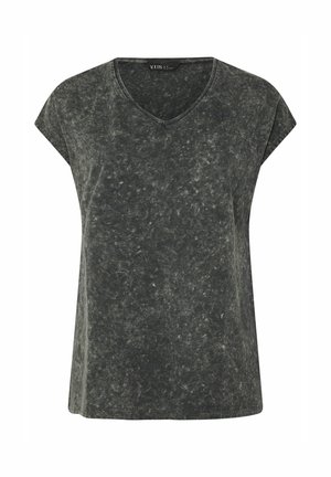 Dunkelgraues T-Shirt mit V-Ausschnitt, kurzen Ärmeln, feiner marmorierter Textur und lässiger Passform.