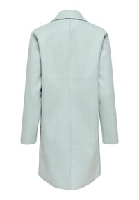 Palton verde deschis, din amestec de lână, cu o siluetă elegantă, guler decupat, mâneci lungi și croială dreaptă, având un design minimalist.