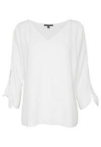 Weißes V-Ausschnitt-Bluse mit 3/4-Ärmeln, die mit gebundenen Knoten an den Manschetten versehen ist, lockere Passform und glattes Material.