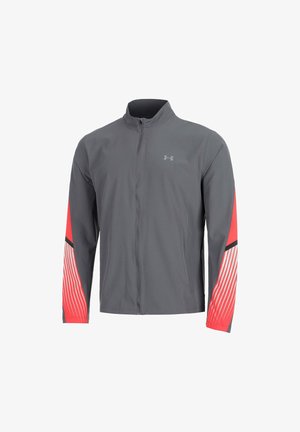 Gray full-zip athletic jacket with high collar, red sleeves featuring white diagonal stripes, and a small Under Armour logo on the chest.