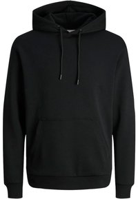 Schwarzer Hoodie aus Baumwollmischung mit einer vorderen Kängurutasche, verstellbarem Kordelzug und gerippten Bündchen und Saum.