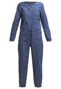 Combinaison en denim bleu à manches longues avec fermeture éclair devant, taille à cordon, poches poitrine et cuisses, poignets élastiques aux manches et aux chevilles.