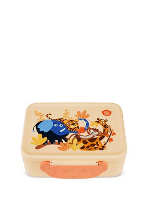 Lunchbox with a beige body and an orange latch, featuring colorful animal illustrations: an elephant, tiger, monkey, and giraffe among leaves.