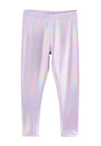 Holografiske lilla leggings med en glat finish, der har en elastisk talje og en slank pasform, velegnede til aktivt brug.
