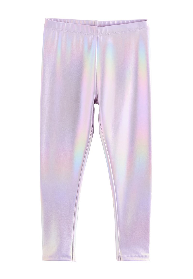 Holografiske lilla leggings med en glat finish, der har en elastisk talje og en slank pasform, velegnede til aktivt brug.
