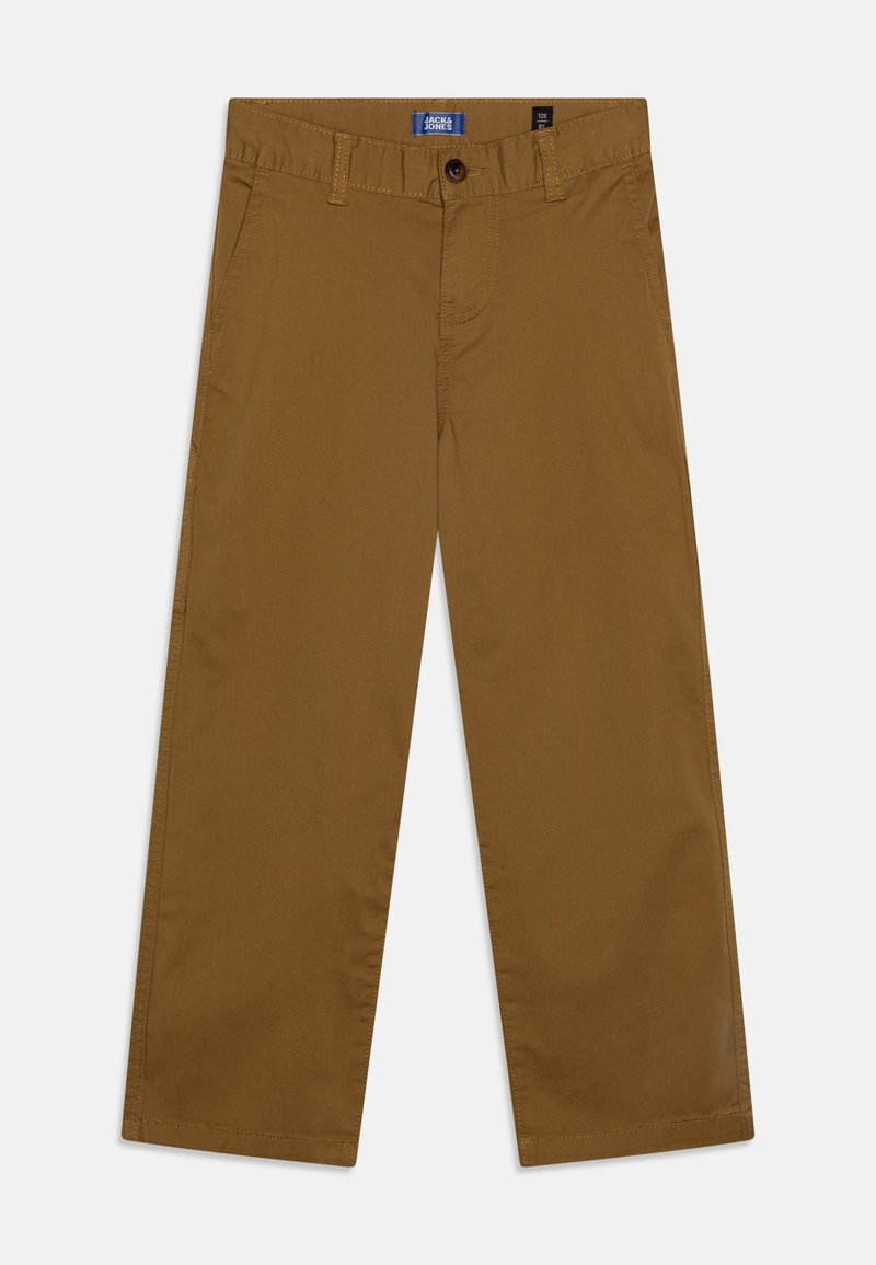 Chinos marron en coton, avec un design classique à cinq poches, fermeture à bouton et coupe droite. Texture lisse.