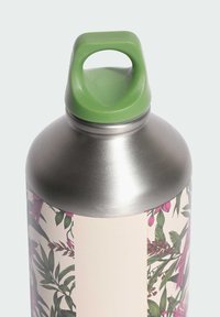 Butelka wody ze stali nierdzewnej z kwiatowym wzorem na zewnątrz. Posiada zielony plastikowy uchwyt i gładkie, metaliczne wykończenie.