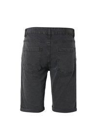 Short en denim noir vu de dos avec deux poches arrière, passants de ceinture et ourlets retroussés sur fond blanc.
