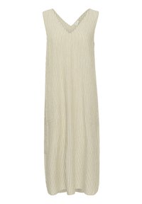 Robe midi sans manches en beige avec des rayures blanches verticales. Dotée d'un col en V et de deux poches latérales. Fabriquée en tissu léger.