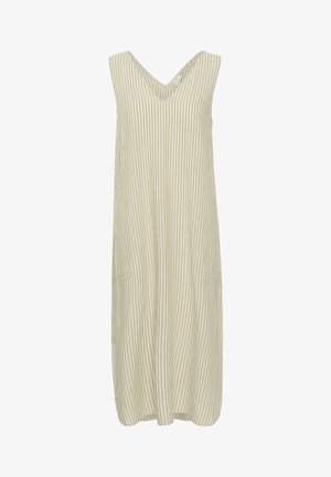 Beige värvitooni ilma varrukateta midi kleit, millel on vertikaalsed valged triibud. Omab V-kaelust ja kahte küljekotti. Valmistatud kergest kangast.