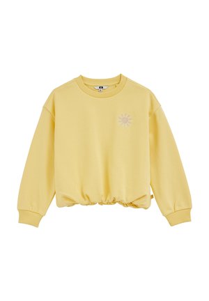 Sweat-shirt jaune à col rond, poignets côtelés et ourlet froncé. Présente un motif de soleil au centre. Confectionné dans un tissu doux.