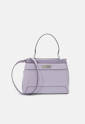 Lavender structured handbag with short handle, long detachable strap, embossed pattern, and silver brand plaque on front.