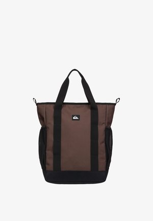 Bruine en zwarte draagtas met twee zwarte handvatten, zijvakken van gaas en een klein wit-zwart logo aan de voorkant in het midden.