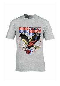 Šedé bavlněné tričko s grafikou orla, červeným a modrým nápisem "GUNS N' ROSES," růžemi a hvězdami v sytých barvách.