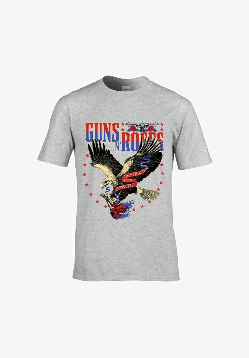 Grå bomulls T-skjorte med et ørne-trykk, rød og blå tekst med teksten "GUNS N' ROSES," roser og stjerner i sterke farger.