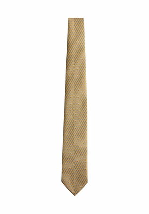 Cravată galbenă și albastră cu un mic model geometric, așezată plat pe un fundal alb.
