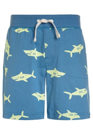 Shorts bleus pour enfants avec des motifs de requins jaune clair et un cordon blanc à la taille élastique.