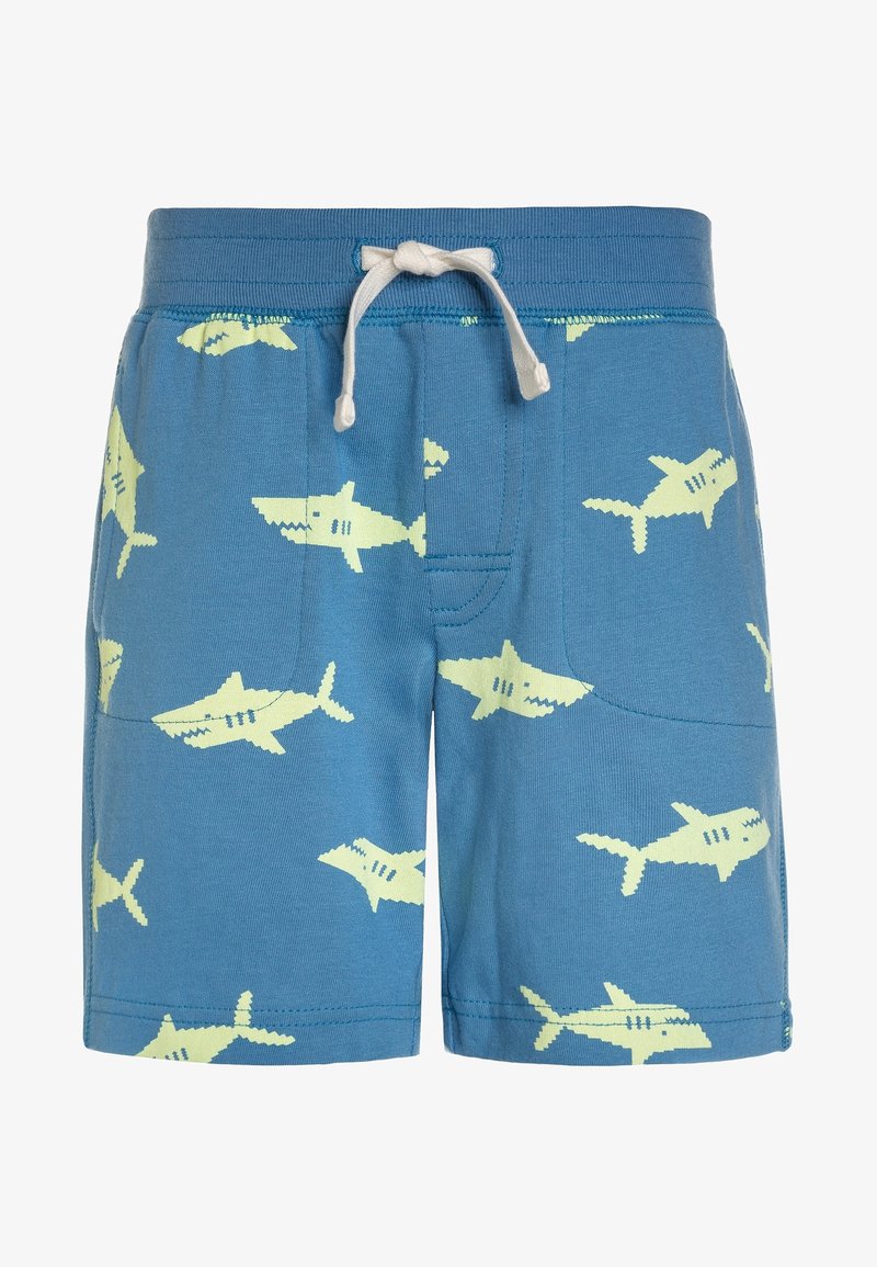 Shorts bleus pour enfants avec des motifs de requins jaune clair et un cordon blanc à la taille élastique.