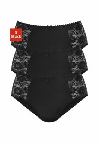 Zwarte hoge taille panties met kant aan de zijkanten, voorzien van bloemenpatronen, geschulpte randen en een strikaccent aan de voorkant. Set van drie.