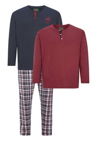 Two-piece sleep set featuring a navy long-sleeve henley top with two buttons and a maroon top with a button placket, paired with plaid pants.