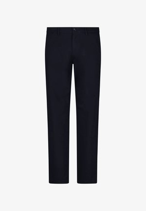 Granatowe chinosy o prostym kroju nogawki, z zapięciem na guzik, szlufkami na pasek i bez widocznych wzorów czy ozdób.