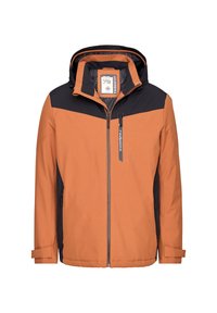 Orange- und schwarze Jacke mit Reißverschluss vorne, Kapuze und verstellbaren Manschetten. Verfügt über ein farblich abgestimmtes Design und seitliche Taschen. Hergestellt aus strapazierfähigem Stoff.