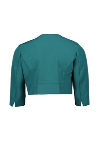 Veste courte bleu sarcelle à manches longues, au design structuré et à la texture de tissu lisse. Elle présente un large décolleté et des détails cousus.