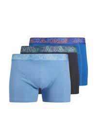 Three pairs of men's boxer shorts in blue, black, and patterned blue. Features elastic waistbands with "JACK & JONES" logo. Cotton blend fabric.