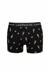 Czarne bawełniane bokserki z kolorowym wzorem butelek i napojów. Posiadają jednolitą czarną gumkę w talii z logo "LANCERTO".