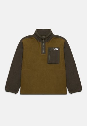 Hnedý a tmavo olivový fleecový pulóver so zipsom na golieri a so zapínacou náprsnou vreckom s logom The North Face.