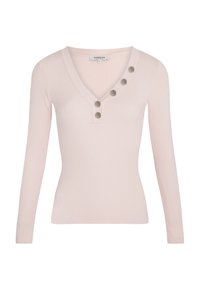 Rippstrick, langärmliger V-Ausschnitt-Pullover in Hellrosa mit fünf dekorativen grauen Knöpfen entlang des Ausschnitts. Weicher, dehnbarer Stoff.