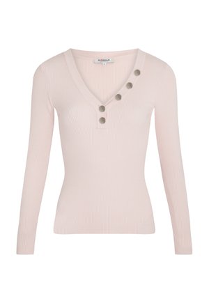 Maglione a maniche lunghe, con scollatura a V, a coste, di colore rosa chiaro, con cinque bottoni grigi decorativi lungo il collo. Tessuto morbido e elasticizzato.