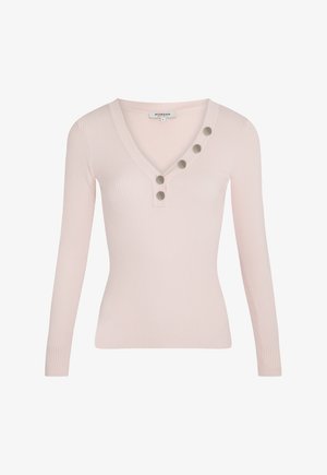 Maglione a maniche lunghe, con scollatura a V, a coste, di colore rosa chiaro, con cinque bottoni grigi decorativi lungo il collo. Tessuto morbido e elasticizzato.