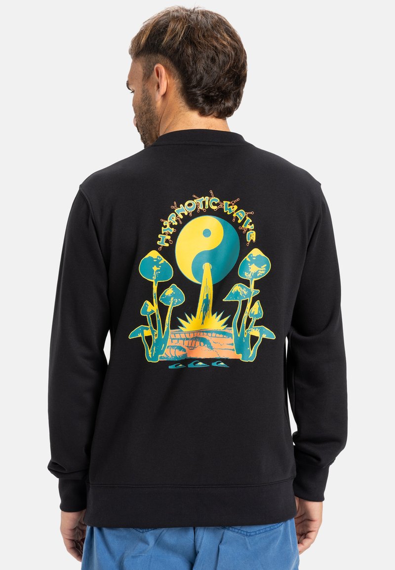 Black sweatshirt featuring a colorful graphic on the back with cosmic elements, mushrooms, and a yin-yang symbol.