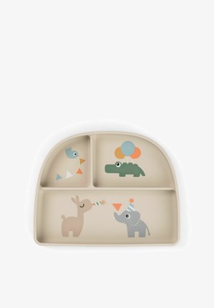 Geteilter Futternapf aus beigem Silikon mit bunten Tierillustrationen: einem Vogel, einem Krokodil, einem Reh und einem Elefanten mit festlichen Akzenten.
