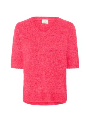 Maglione corto a maniche corte e scollo a V in un vivace colore rosa. Texture morbida con una vestibilità leggermente ampia, dotato di un colletto e polsini a coste.