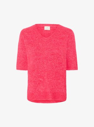 Pull court à manches courtes en V en rose vif. Texture douce avec une coupe légèrement ample, présentant un col et des poignets côtelés.