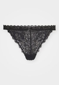 Zwarte kant string met bloemenpatronen, gegolfde randen en een klein strikdetail in het midden aan de voorkant. Zachte, doorzichtige textuur.