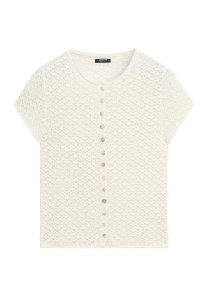 Kurzärmeliges cremefarbenes Strick-Cardigan mit rundem Ausschnitt und einer vertikalen Reihe kleiner Knöpfe vorne.