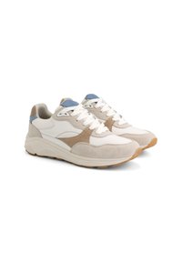 Sport sneakers met een bovenwerk van wit leer, beige suede accenten en een lichtblauwe hieltab. Gelaagde rubberen zool. Klassiek vetersluiting ontwerp.