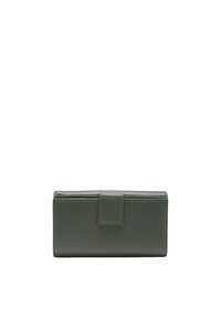 Portafoglio verde in pelle con superficie texturizzata, forma rettangolare e chiusura a patta frontale. Nessun hardware o motivo visibile.