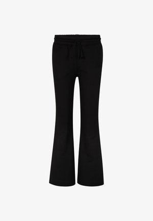 Czarne dzwonowate spodnie dresowe wykonane z miękkiego materiału, z elastycznym pasem ze sznurkiem i wytłoczonym logo z przodu.