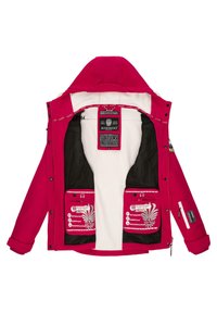 Fuchsia jacket with a zippered hood, white fleece lining, black mesh pockets, and branded labels inside. Features snap and zipper closures.