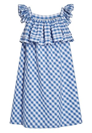 Blue and white gingham sleeveless dress with ruffled off-shoulder straps and a layered, flared bodice.