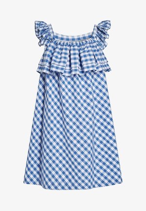 Niebiesko-biała sukienka bez rękawów w kratkę gingham z falbanianymi, odkrytymi ramionami i warstwowym, rozszerzanym gorsetem.