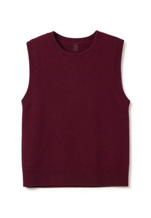 Gilet sans manches en tricot de couleur bourgogne profond avec un col, des emmanchures et un ourlet côtelés, posé à plat sur un fond blanc.