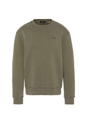 Olivgrüner Sweatshirt aus einem weichen, strukturierten Stoff. Mit rundem Ausschnitt, gerippten Bündchen und einem kleinen Logo auf der Brust. Klassische Passform.