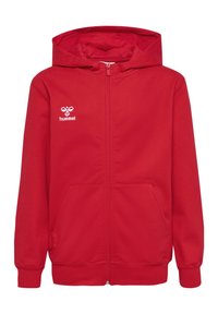 Rote Zip-Up-Hoodie mit einem vorderen Reißverschluss, zwei seitlichen Taschen, gerippten Bündchen und Saum. Mit einem weißen Logo auf der linken Brustseite.