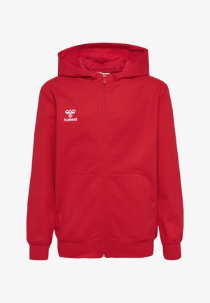 Pige med flettet hår iført en rød hættetrøje med lynlås og grå joggingbukser, stående mod en ensfarvet lys baggrund.